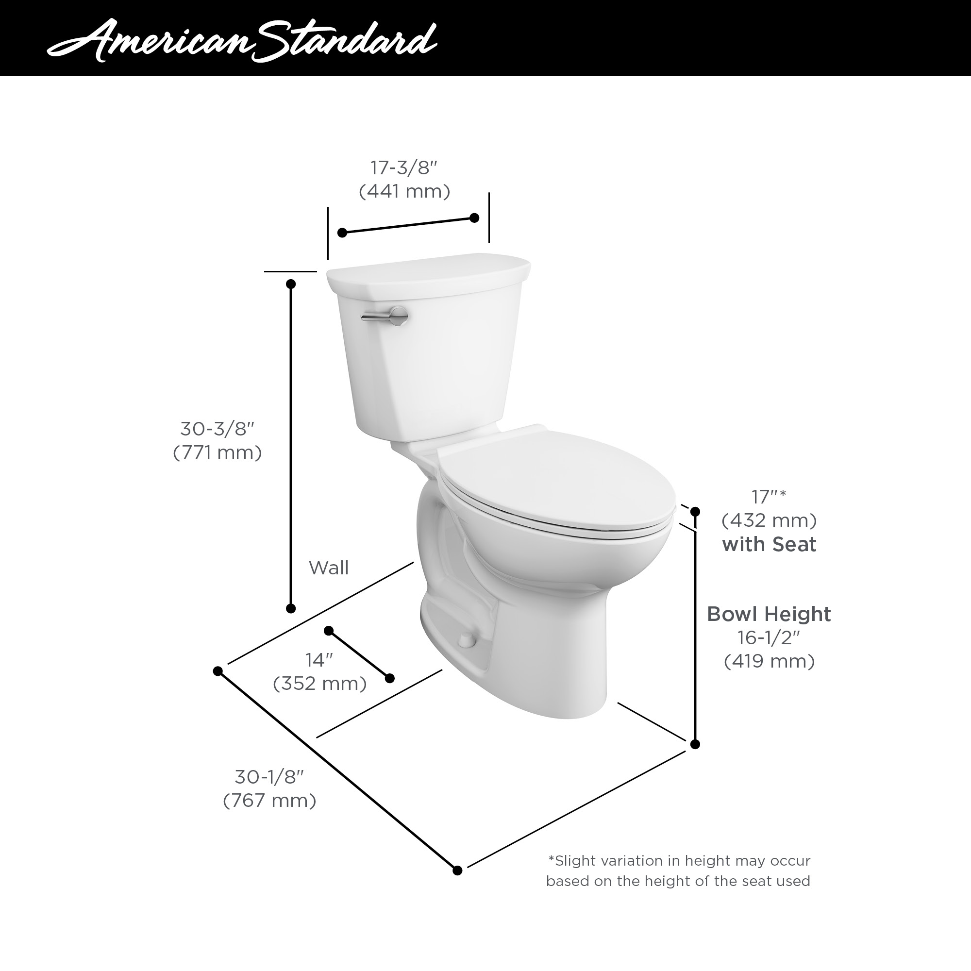 Cadet® PRO Two-Piece 1.28 gpf/4.8 Lpf Compact Chair Height Elongated 14-Inch Rough Toilet Less Seat